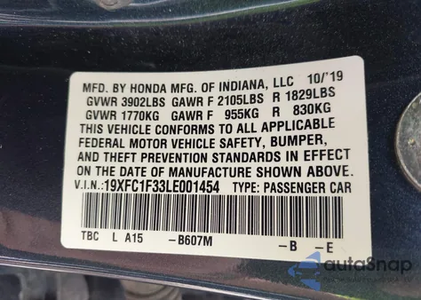 2020 Honda Civic Ex from USA, damaged, VIN 19XFC1F33LE001454